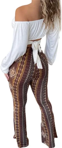 Vista 3 de FOMOYUU Pantalones acampanados con estampado bohemio para mujer, de cintura alta, elásticos, pantalones acampanados de talla grande, pantalones