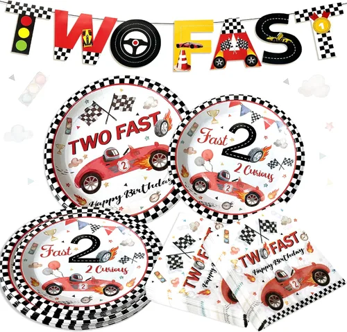Vista 8 de Decoración de fiesta de 2º cumpleaños de coche de carreras para niños, dos platos y servilletas de papel desechable, dos rápidos, dos, curiosos, 2
