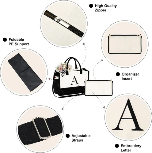 Vista 6 de YOOLIFE Regalos personalizados para mujer, bolsa de lona con monograma con organizador con cremallera, regalo de cumpleaños para mujeres, Blanco, B