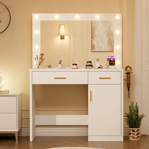 Vista 8 de Sweetcrispy 11 LED Bulbs Vanity Desk with HD Mirror, Makeup Vanity Table with 2AC/USB/C Charging Station, Dressing Desk with 2 Drawers & Large