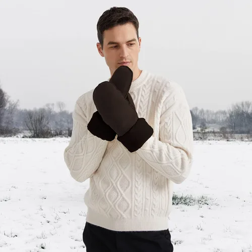 Vista 7 de Surblue Manoplas de gamuza de oveja de invierno para hombre, piel de oveja de alta calidad, cálido puño grueso forrado de lana de cordero