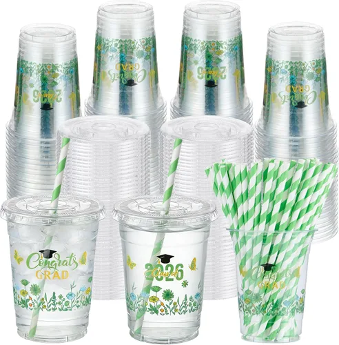 Vista 24 de Sliner 50 juegos de vasos de plástico a cuadros de 16 onzas con tapas y pajitas de papel, vasos desechables transparentes para fiesta de autos