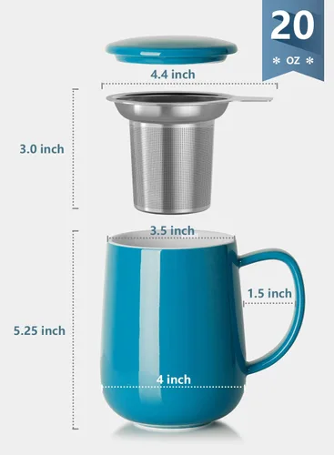 Vista 2 de Sweese Taza de té de porcelana de 20 onzas con infusor y tapa, taza de té de hojas sueltas, regalos para amantes del té, blanco y azul acero