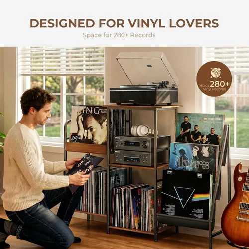 Vista 3 de Qlearsoul Soporte para discos de vinilo, mesa para tocadiscos de 3 niveles con almacenamiento izquierdo y derecho para sala de estar y dormitorio