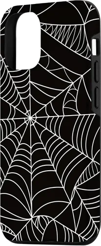 Vista 2 de iPhone 12/12 Pro blanco y negro araña web Único estuche de Halloween de Artsy moderno