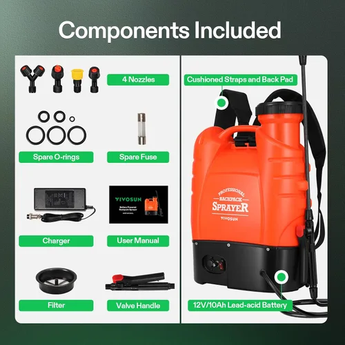 Vista 5 de VIVOSUN Pulverizador de mochila con batería de 4 galones, pulverizador de bomba eléctrica con cuatro boquillas para césped de jardín, naranja