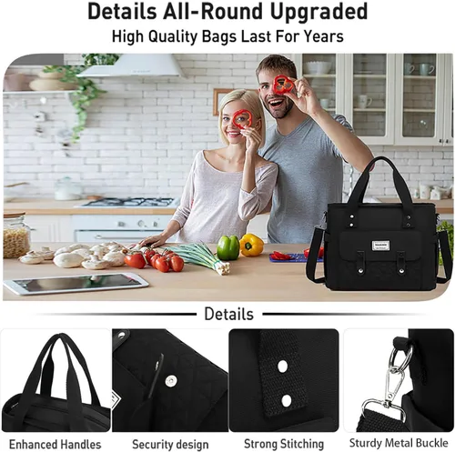 Vista 5 de Bolsa de almuerzo aislada para mujer, negro, nailon, 13.5 x 6.8 x 11.5 pulgadas Lunch Box Containers Compartment Women Adult Work Picnic College