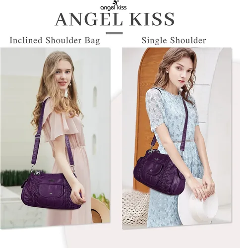 Vista 7 de Angelkiss - Bolsos y bolsos de mano para mujer, de cuero vegano lavado, bolso cruzado estilo hobo