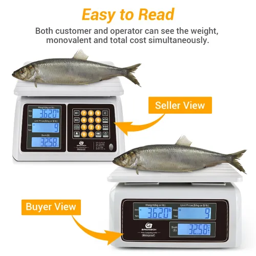Vista 4 de Báscula comercial impermeable para alimentos BROMECH de 66 libras con cálculo de precios Digital Rechargeable Scale for Meat, Seafood, Produce at