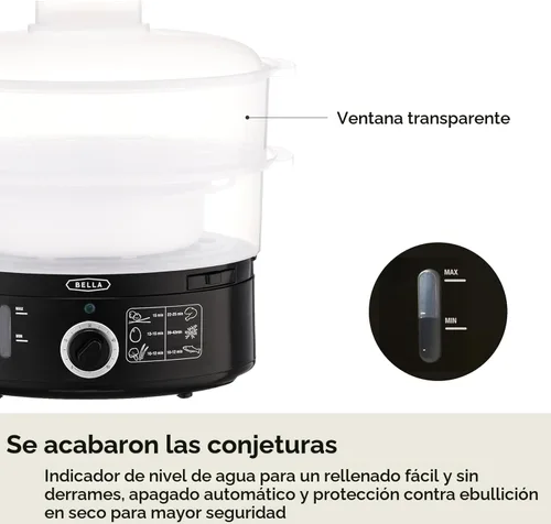 Vista 5 de BELLA - Vaporizador de alimentos de dos niveles con canastas apilables y base removible para cocción simultánea rápida - Apagado automático