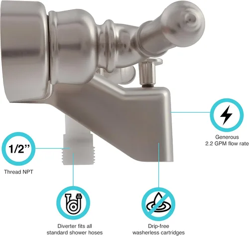 Vista 3 de Dura Faucet DF-SA110C-SN Grifo Desviador de Válvula para Tina y Ducha de RV con Manijas Clásicas (Níquel Satinado Cepillado)