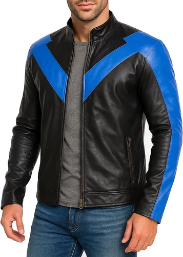 Vista 5 de Chaqueta de cuero para motociclista de hombre, negra y azul, con protección y acolchado - Chaqueta de armadura de motociclista