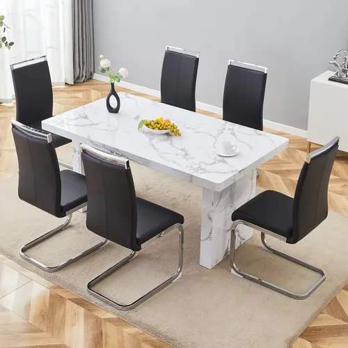 Vista 50 de gopop Mesa de comedor de mármol de 63 pulgadas, tablero de mesa de comedor MDF con patrón de mármol y base para cocina y comedor.