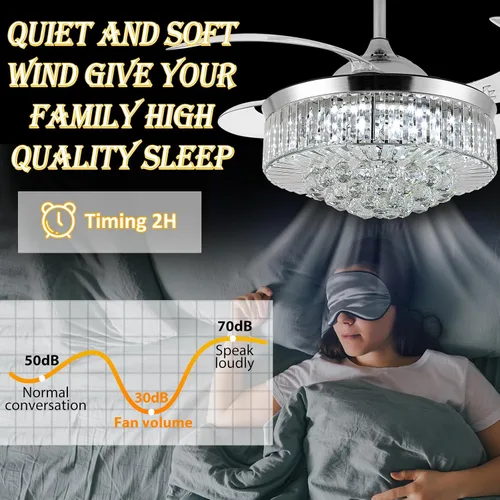 Vista 6 de Ventilador de techo invisible de 36", lámpara de araña de cristal moderna con control remoto, 4 aspas retráctiles de ABS para dormitorio, sala