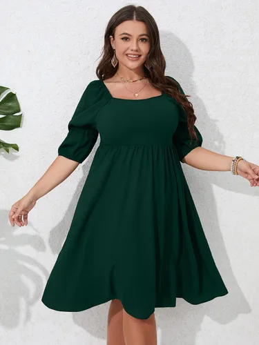 Vista 4 de SCOMCHIC Vestidos casuales de talla grande con cuello cuadrado para mujer, manga abombada, cintura alta, fruncido, acampanado, mini vestido corto