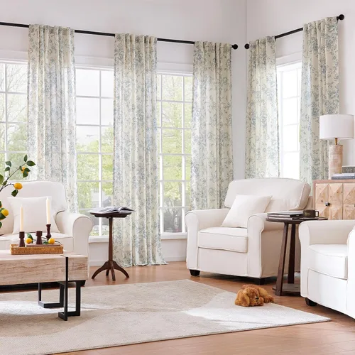Vista 2 de Jinchan Cortinas de Mezcla de Lino con Estampado Floral para Sala de Estar, 84 Pulgadas de Largo, Cortinas con Bolsillo para Varilla y Tab Trasera