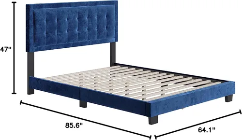 Vista 2 de Boyd Sleep Pisa - Base de cama de terciopelo azul tamaño Queen totalmente tapizada con cabecero ajustable, no requiere somier, fácil montaje, sin