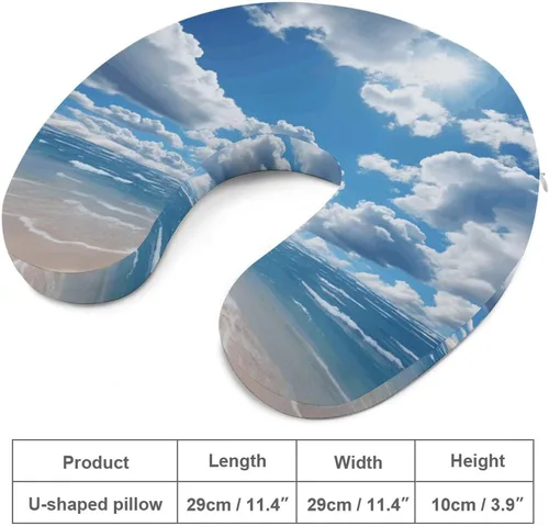 Vista 2 de Blue and White Cloud Neck Pillow Memory Foam U Shaped Pillows Portable Pillows for Shoulder Travel Head Support Pillow with Concealed Zipper for