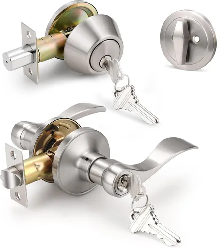 Vista 12 de Knobonly - Paquete de 1 manija para puerta delantera con llave similar y cerrojo de cilindro simple, juego de cerradura exterior color negro mate