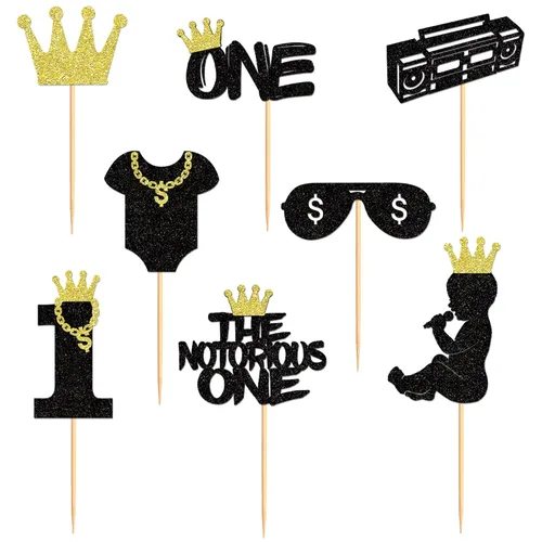 Vista 7 de Ercadio Paquete de 24 adornos para cupcakes The Notorious One con purpurina negra, Hip Hop, 1st Cupcake Picks The Big One, decoraciones para baby