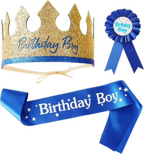 Vista 7 de Nuolich Sombrero de corona de rey de cumpleaños, banda y botón para decoración de fiesta, accesorios de vestir