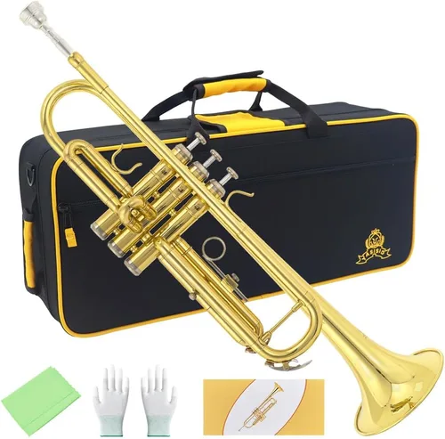 Vista 7 de Instrumento de trompeta, instrumentos musicales de banda y orquesta para principiantes, con estuche para trompeta, boquilla, paño y guantes (dorado)