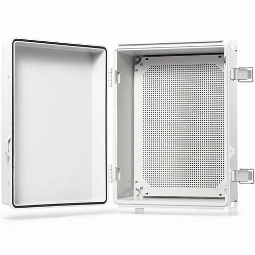 Vista 11 de QILIPSU - Caja de conexiones de acero inoxidable con tapa, bisagras y placa de montaje, universal, impermeable IP67, plástico ABS, gris, recinto