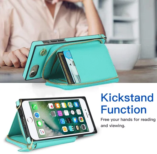 Vista 5 de Asuwish Funda de teléfono para iPhone 6/6s/7/8/SE 2020 2022 con protector de pantalla y soporte para tarjetas con cremallera, soporte de cuero i Six
