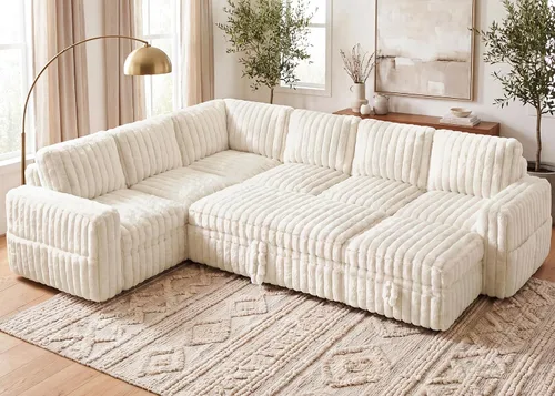 Vista 28 de HONBAY Sofá cama modular extraíble, sofá biplaza de pana, sofás para sala de estar, beige