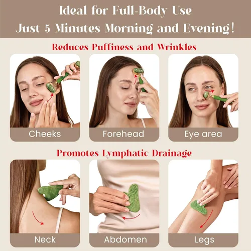 Vista 4 de Rena Chris Juego de Gua Sha y Rodillo Facial: Rodillo de Jade Anti-Rotura para Uso Duradero, Escultura de la Línea de la Mandíbula y Reducción