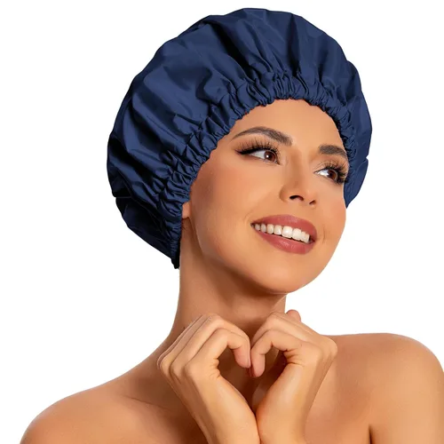 Vista 20 de Gorro de ducha reutilizable para mujer, grande, impermeable, lavable, banda elástica, accesorios de baño, sombrero para cabello largo, trenzas Beige