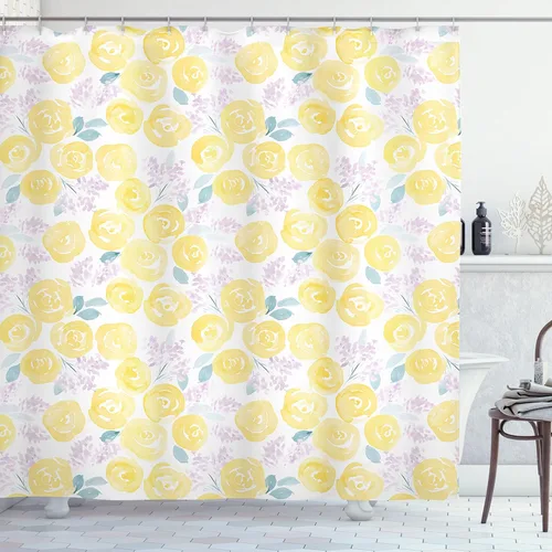Vista 114 de Ambesonne Decor Collection, juego de cortina con ganchos para regadera Amarillo y marrón