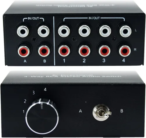 Vista 9 de Sin ruido 2 en 4 salida o 4 en 2 salida Audio Selector de sonido RCA hembra canal estéreo 2 interruptor divisor caja conmutación sin alimentación
