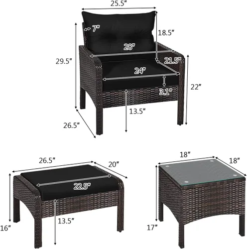 Vista 5 de Juego de muebles de mimbre para patio, juego de conversación de mimbre modular para exteriores con 2 otomanas y mesa de centro de vidrio templado