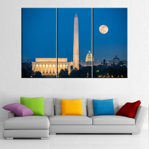 Vista 3 de Arte de pared de lienzo de 3 piezas - Memorial de Lincoln, Monumento a Washington y Edificio del Capitolio en Washington DC visto desde Arlington