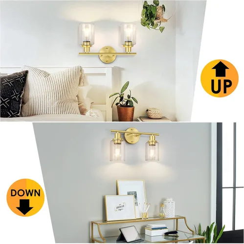 Vista 7 de Lámparas de baño, lámpara de tocador de latón cepillado de 2 luces, apliques de pared dorados, iluminación moderna de pared de baño montada en pared