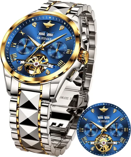 Vista 8 de OLEVS Relojes automáticos de esqueleto mecánico para hombres, 5ATM, impermeables, de tungsteno, acero inoxidable, cuerda automática, para hombre
