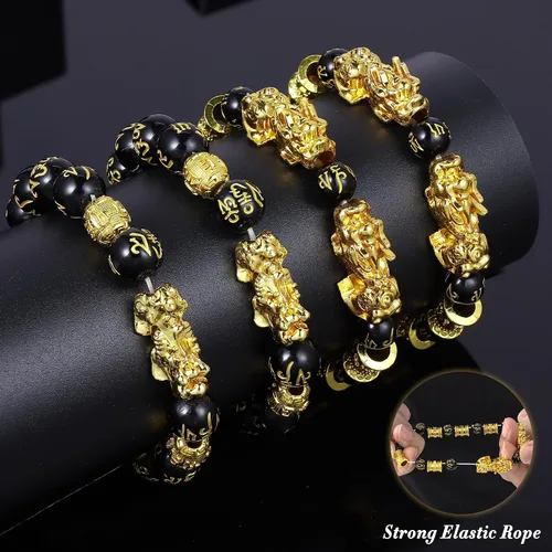 Vista 6 de JeryWe Pulseras de cuentas Feng Shui para hombres y mujeres, pulseras de buena suerte con dragón Pixiu, juego de pulseras estilo chino, joyería Feng