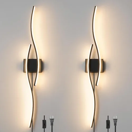 Vista 16 de Daunton Moderno juego de 2 apliques de pared cableados, luz LED negra con control remoto, luz de pared LED regulable RC para interiores, decoración