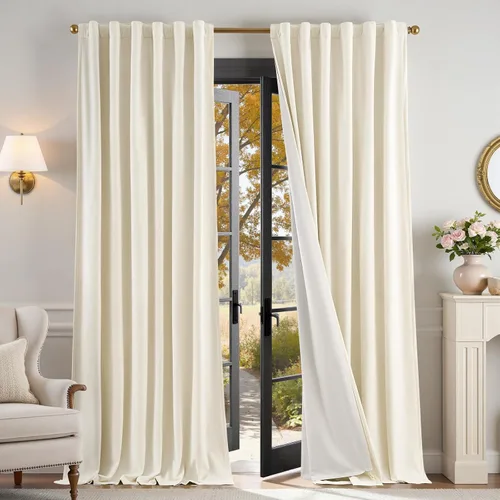 Vista 65 de Lazzzy Cortinas opacas de terciopelo beige de 84 pulgadas de largo con aislamiento térmico para oscurecer la habitación, cortinas forradas de lujo
