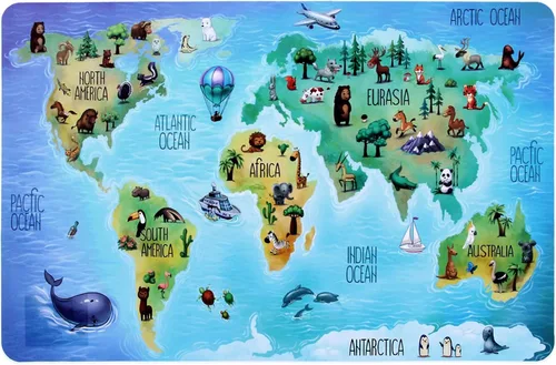 Vista 3 de Juego de 3 manteles individuales con diseño de mapa del mundo, diseño educativo de geografía de animales, para niños, mesa de plástico, divertidos