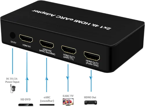 Vista 2 de Interruptor HDMI con extractor de audio eARC, interruptor HDMI 4K60Hz 4 en 1 con salida de audio, compatible con control remoto IR, 18Gbps