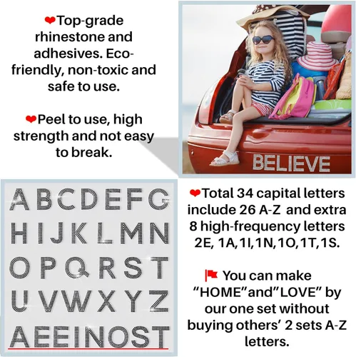 Vista 3 de 34 calcomanías de letras del alfabeto con diamantes de imitación, letras A-Z, autoadhesivas para planchar, calcomanías para autos, artes