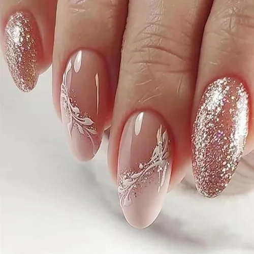 Vista 22 de Uñas postizas cortas en forma de almendra SWEKKE con punta francesa, uñas falsas con diseños de flores 3D en amarillo y rosa, uñas adhesivas