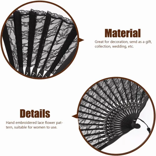 Vista 4 de Lurrose Abanico de mano de encaje elegante negro plegable bordado a mano patrón de flores para bodas, fiestas y eventos de disfraces desplegados
