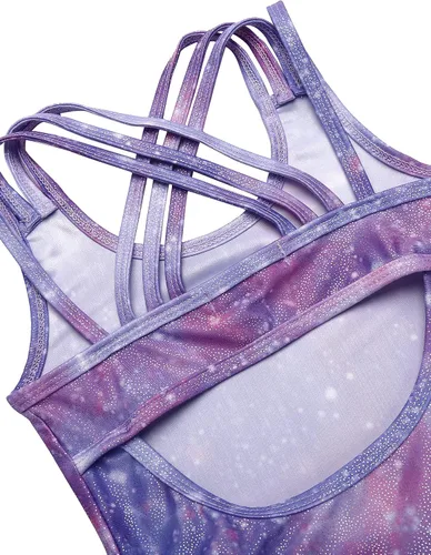 Vista 7 de Zaclotre Leotardos de gimnasia para niñas, con tirantes cruzados, brillantes vestidos de baile de ballet con espalda hueca y falda para disfraz