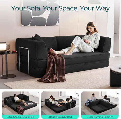 Vista 3 de LINSY Home Sofá cama convertible de 79 pulgadas, sofás de pana 4 en 1 sin hueso para sala de estar, futón plegable tamaño Queen, colchón de suelo
