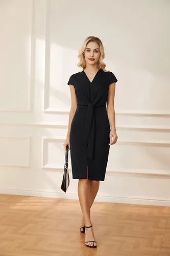 Vista 2 de GRACE KARIN Vestidos midi de verano para mujer, manga casquillo, cintura con lazo, vestido de trabajo con abertura en V y cuello en V, vestido
