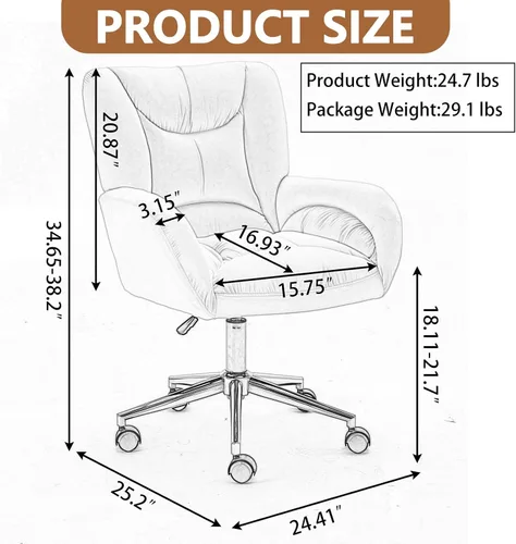 Vista 2 de Silla de escritorio de terciopelo suave cómoda con patas y ruedas de metal dorado, silla de oficina cómoda giratoria de 360 grados con altura Verde