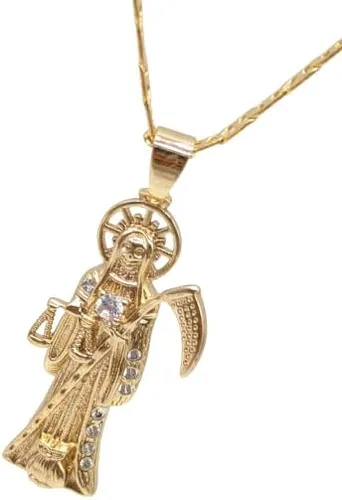 Vista 4 de Collar con colgante de la Santa Muerte chapado en oro de 14 quilates, eslabones cubanos de 22 pulgadas de largo, 1.378 x 0.787 in oro laminado